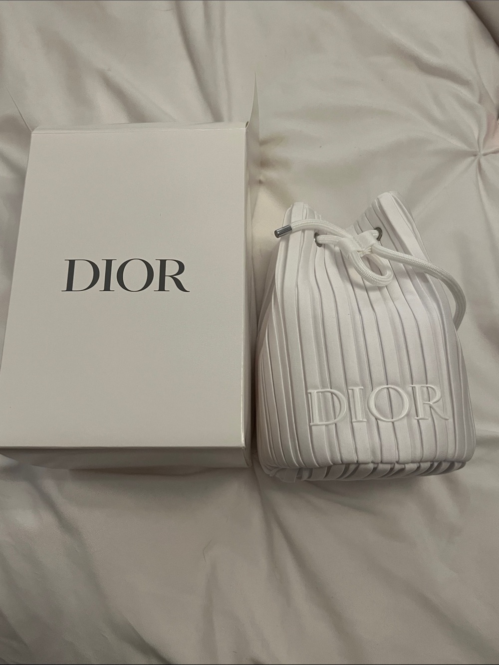 Dior White Quilted Drawstring Mini Bucket Bag